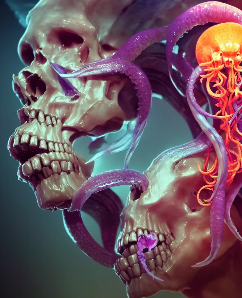 Image similar to goddess close - up portrait human skull, ram skull, squid phoenix jellyfish, orchid, betta fish, bioluminiscent, intricate artwork by tooth wu and wlop and beeple. octane render, trending on artstation, greg rutkowski very coherent symmetrical artwork. cinematic, hyper realism, high detail, octane render, 8 k