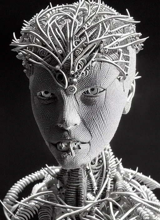 Prompt: a young female cyborg bust made of intricate vegetal stems, dramatic, ilford hp 5, closeup - view, f / 2. 8, high contrast, 1 6 k, fluorescent lamp, contre - jour, insanely detailed and intricate, hypermaximalist, elegant, ornate, hyper realistic, super detailed