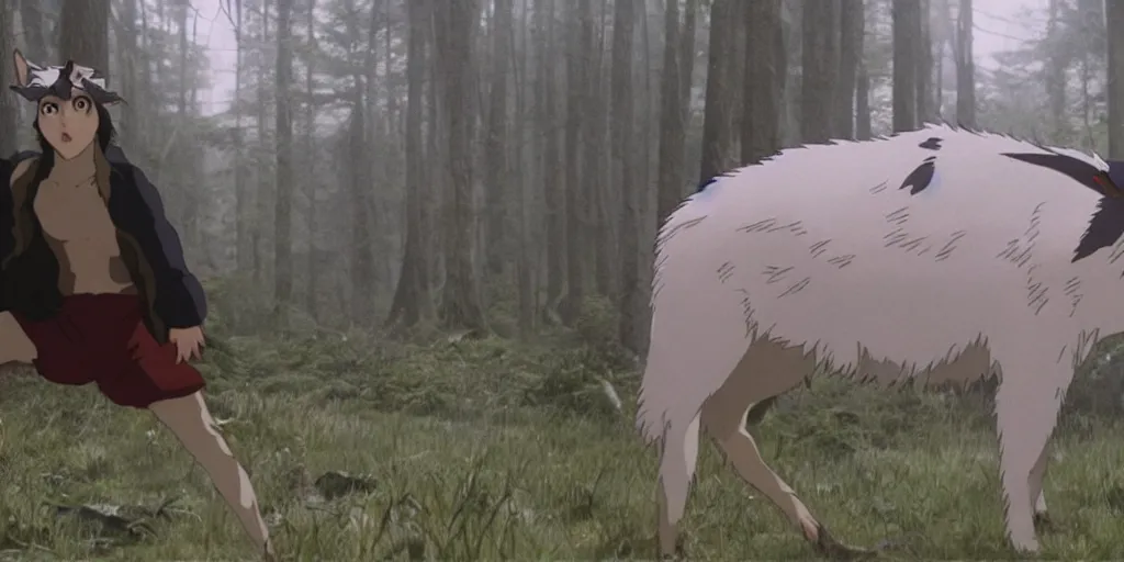 Image similar to a film still of princess mononoke in snatch, high quality