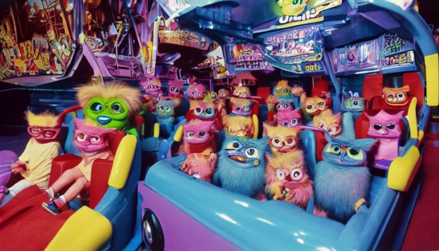 Image similar to 1990s photo of inside the Furby ride at Universal Studios in Orlando, Florida, children riding in a Furby through Furby world, cinematic, UHD