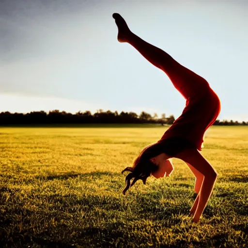 Image similar to an origami girl doing acrobatic contemporary dance, dramatic lighting, with bokeh effect in a sunny meadow