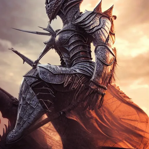 Prompt: highly detailed realistic stunning shot of a beautiful elegant anthropomorphic female dragon knight, armor made of steel, sharp claws and tail, cloak flittering in the wind, high quality, HD octane render, epic cinematography, Artstation, Deviantart, Furaffinity