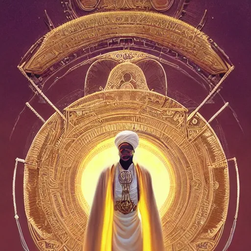 Image similar to symmetry!! an african moor wearing white robes and turban entering the voidspace. ornate, golden, steampunk stargate. front game card. marvel comics. dark. intricate. highly detailed. smooth. artstation. digital illustration by ruan jia, mandy jurgens, artgerm, wayne barlowe, greg rutkowski, and zdislaw beksinsk.