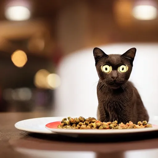 Prompt: A photo of a cat wearing a bowtie sitting in a fancy and expensive gourmet restaurant and eating a plate of cat food. f/2.8, dim lighting, award winning photo