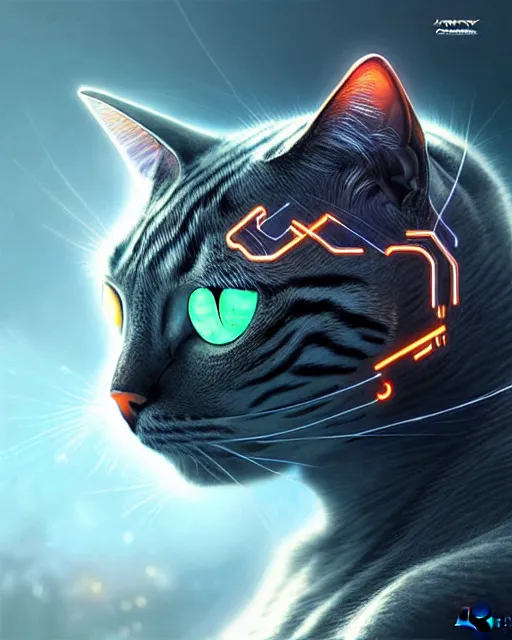 Image similar to A cyborg cat, highly detailed, intricate robotic and electronic patterns, sharp focus, art by Artgerm and Greg Rutkowski and WLOP