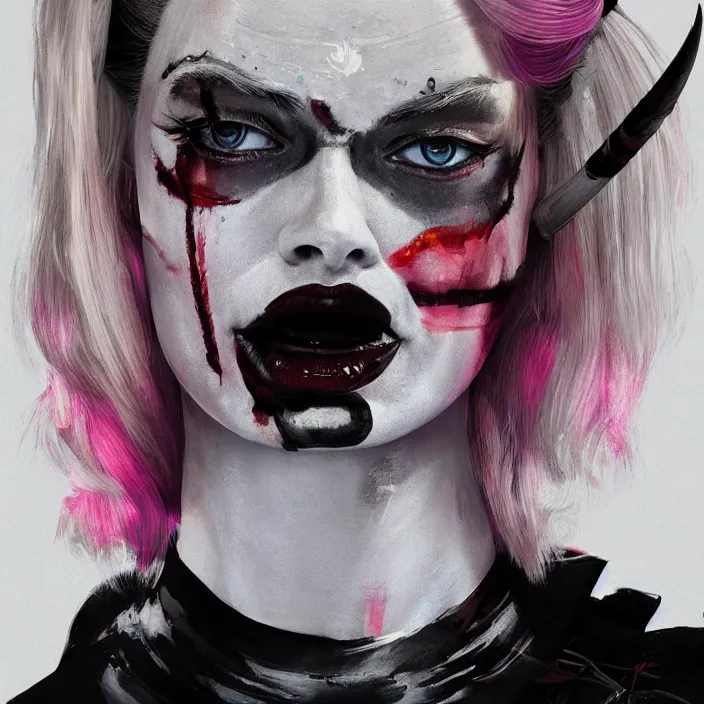 Image similar to portrait of Margot Robbie as a harley quinn. intricate abstract. intricate artwork. by Tooth Wu, wlop, beeple, dan mumford. octane render, trending on artstation, greg rutkowski very coherent symmetrical artwork. cinematic, hyper realism, high detail, octane render, 8k, iridescent accents