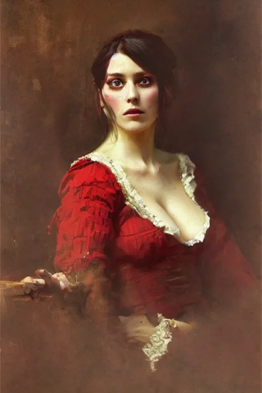 Image similar to Solomon Joseph Solomon and Richard Schmid and Jeremy Lipking victorian genre painting full length portrait painting of a young beautiful woman traditional german french pirate wench in fantasy costume, red background