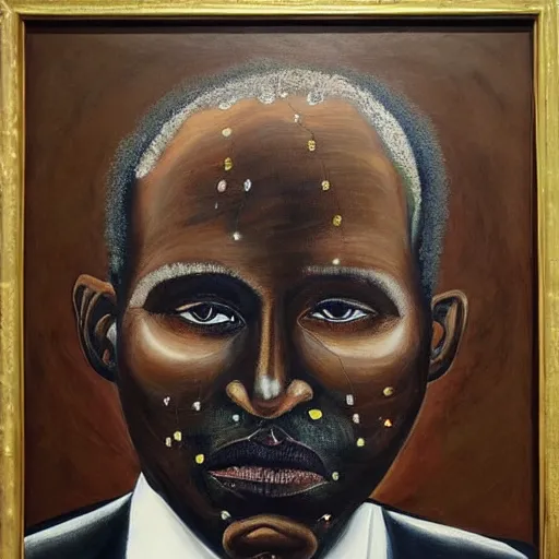 Prompt: a painting of a fatherly, aquiline nose wide forehead, round face, XXL , loving, caring, generous, ever-present, humble, wise elder from Kenya in a suit by Wangechi Mutu . Fatherly/daddy, focused, loving, leader, relaxed,. ethereal lights, details, smooth, sharp focus, illustration, realistic, cinematic, artstation, award winning, rgb , unreal engine, octane render, cinematic light, macro, depth of field, blur, red light and clouds from the back, highly detailed epic cinematic concept art CG render made in Maya, Blender and Photoshop, octane render, excellent composition, dynamic dramatic cinematic lighting, aesthetic, very inspirational, arthouse.