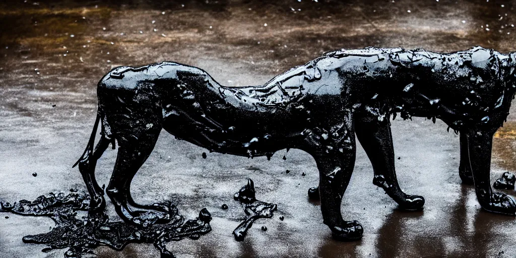 Image similar to the lioness made of tar, reforming from a puddle of tar, viscous, sticky, full of black goo, covered with black goo, splattered black goo, dripping black goo, dripping goo, splattered goo, sticky black goo. photography, dslr, reflections, black goo, zoo, exhibit