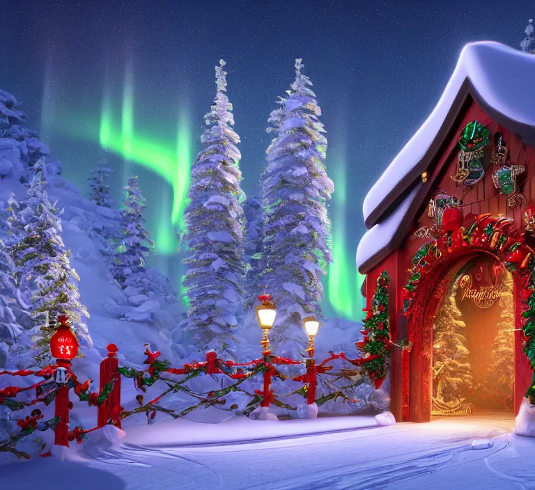 Image similar to a very detailed concept art of intricate and well designed jingle bell gates to santa's northpole, infused with aurora borealis, dynamic lighting, trending on artstation, path traced, highly detailed, high quality, digital painting, digital art, 4 k, hyper realistic, octane render, sharp focus