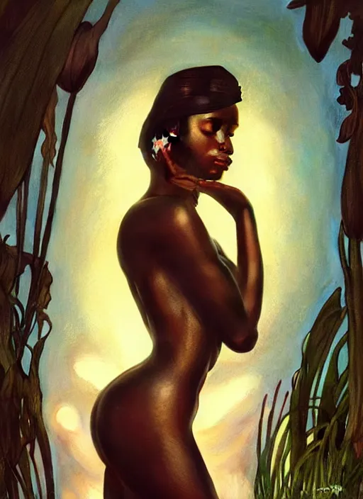 Image similar to film still, cinestill 8 0 0 t, underwater photography full body portrait of a dark skin mermaid haitian goddess, white lilies, intricate, sensual features, dewy skin, reflective skin, highly detailed, divine holy perfection!! artstation, smooth, sharp focus, warm lighting, illustration, art by artgerm and greg rutkowski and alphonse mucha