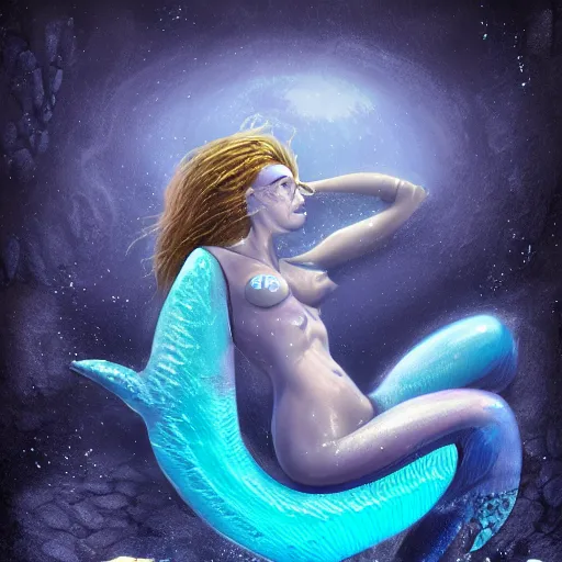 Prompt: sci fi mermaid, blue skin, sitting on an asteroid with an ocean, high detail, instellar, 4k, high resultion, illustration