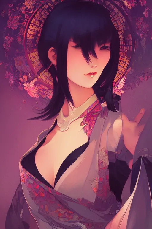 Image similar to A beautiful woman, tokyo at night, highly detailed, digital painting, artstation, concept art, smooth, sharp focus, illustration, art by artgerm and alphonse mucha, high definition digital art, in the style of Ross tran and ilya kuvshinov