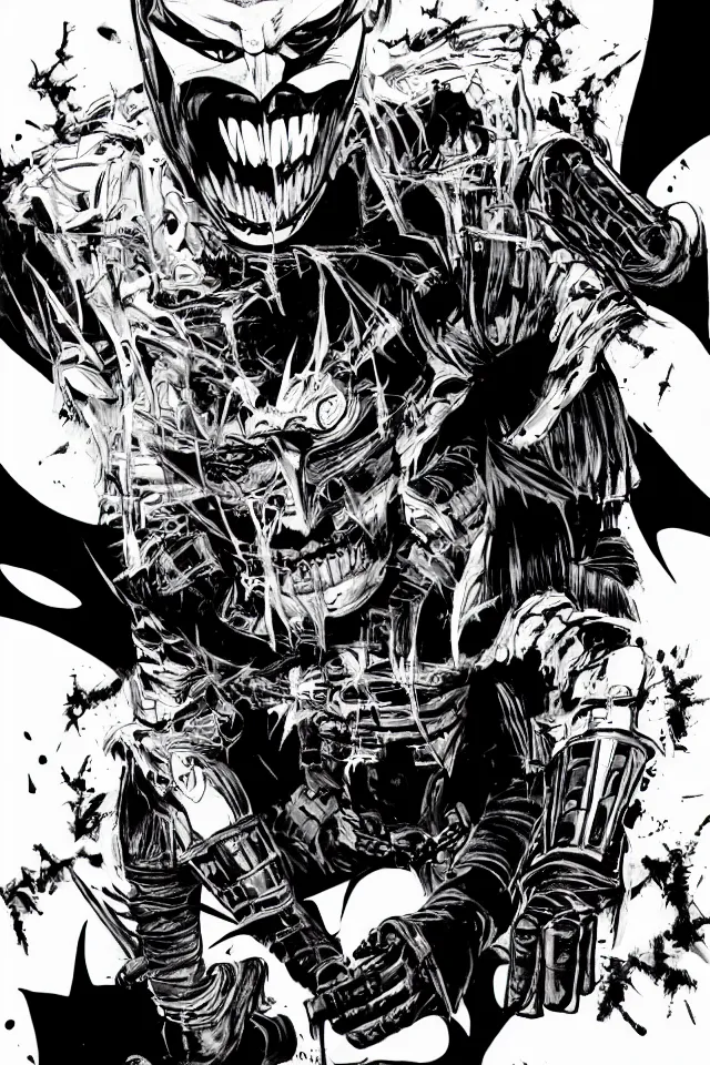 Image similar to The Batman Who Laughs Battles Batman In Hell, Yasushi Nirasawa Cartoon Anime Style