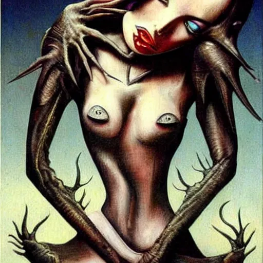 Prompt: surrealism painting of megan fox by tim burton and h. r. giger | horror themed | creepy
