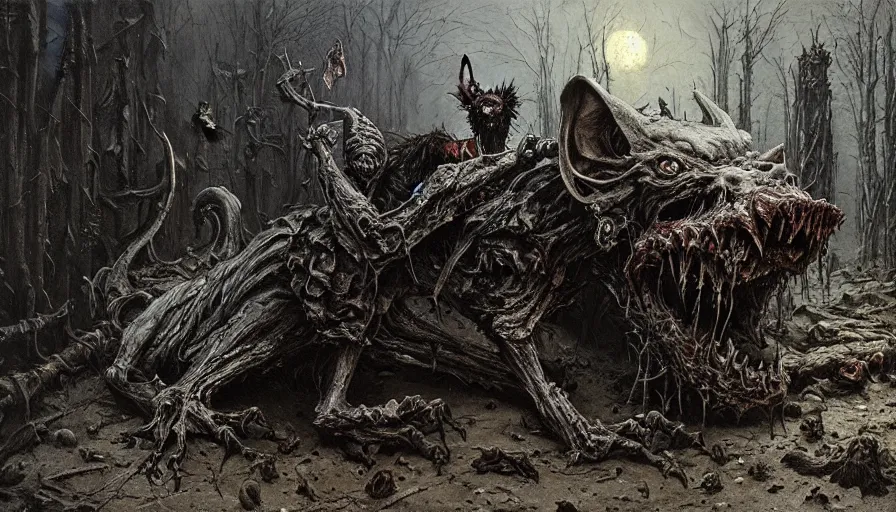 Image similar to a rotting goblin riding a wolf, rotting, blood, night, death, fear, horror, religion, hyperrealism, detailed and intricate environment, by giger, by greg rutkowski