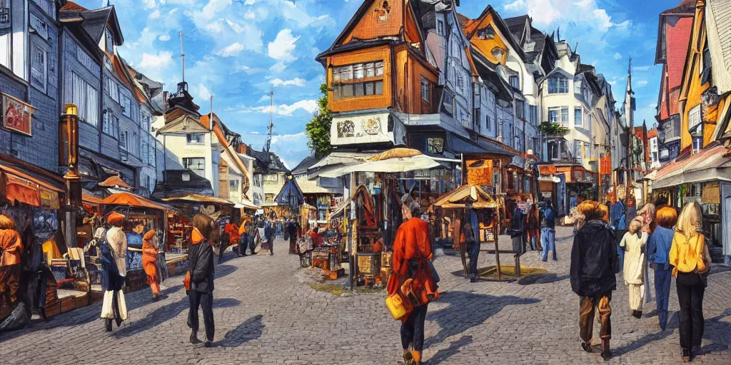 Image similar to Highly detailed oil painting of street life in stavanger by noon, strong atmosphere, oil painting masterpiece by Studio ghibli, symmetry, fractals