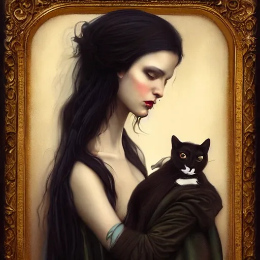 Prompt: a painting of a woman with a cat on her shoulder, a character portrait by tom bagshaw, featured on deviantart, gothic art, wiccan, lowbrow, goth