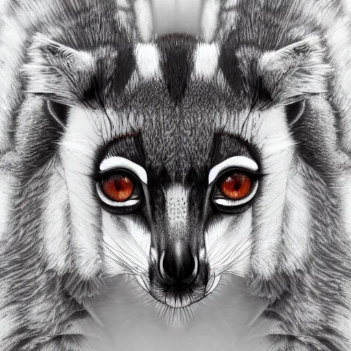 Image similar to Geometric symmetrical ring-tailed lemur, sun in the background, intricate, elegant, highly detailed, digital painting, artstation, concept art, smooth, sharp focus, illustration, art by artgerm