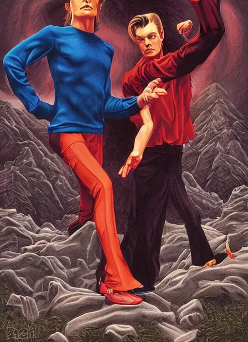 Prompt: twin peaks poster art, david bowie fighting his doppelganger gemini good and evil, old retro pulp, by michael whelan, rossetti bouguereau, artgerm, nostalgic, old fashioned