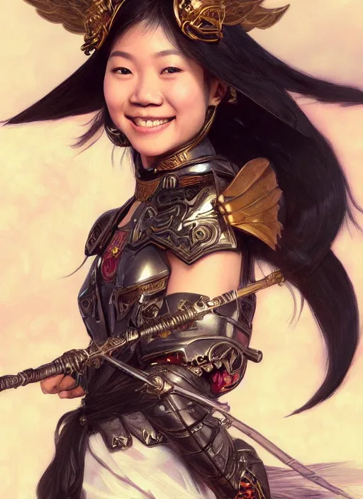 Image similar to Close-up portrait of smiling young asian woman wearing a winged helmet and black armor with skulls, holding a magic staff, portrait, highly detailed, digital painting, artstation, concept art, sharp focus, illustration, art by artgerm and greg rutkowski and alphonse mucha