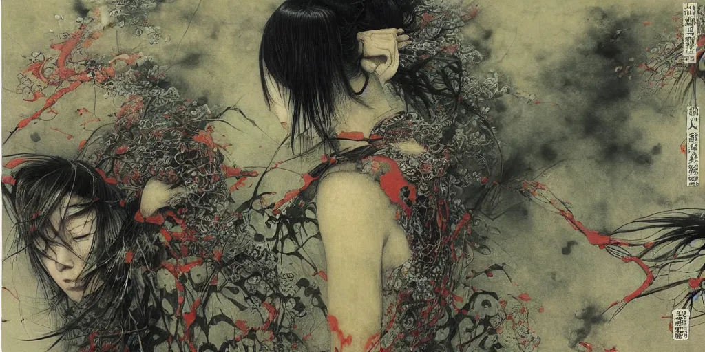 Image similar to Japanese schoolgirl runs away from Samurai with a katana on the subway, high detailed Beksinski painting, part by Adrian Ghenie and Gerhard Richter. art by Takato Yamamoto. deep colours