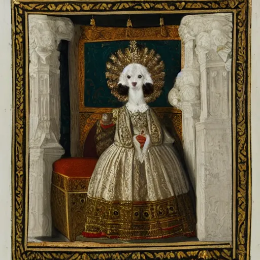 Image similar to portrait of a white poodle as an italian noblewoman, italo - byzantine era 7 0 0 ce