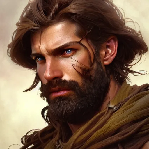 Image similar to Portrait of rugged male ranger, D&D, amber eyes, face, long hair, muscular, fantasy, intricate, elegant, highly detailed, digital painting, artstation, concept art, smooth, sharp focus, illustration, art by artgerm and greg rutkowski and alphonse mucha