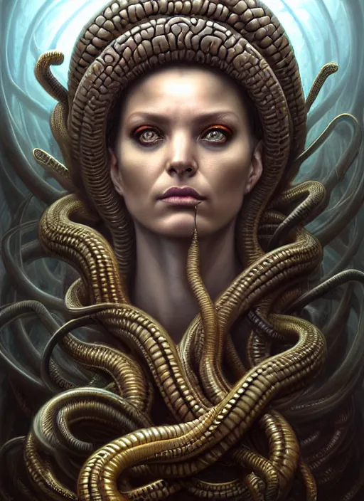 Image similar to closeup portrait shot of a medusa in a scenic dystopian environment, intricate, elegant, highly detailed, centered, digital painting, artstation, concept art, smooth, sharp focus, illustration, artgerm, tomasz alen kopera, peter mohrbacher, donato giancola, joseph christian leyendecker, wlop, boris vallejo