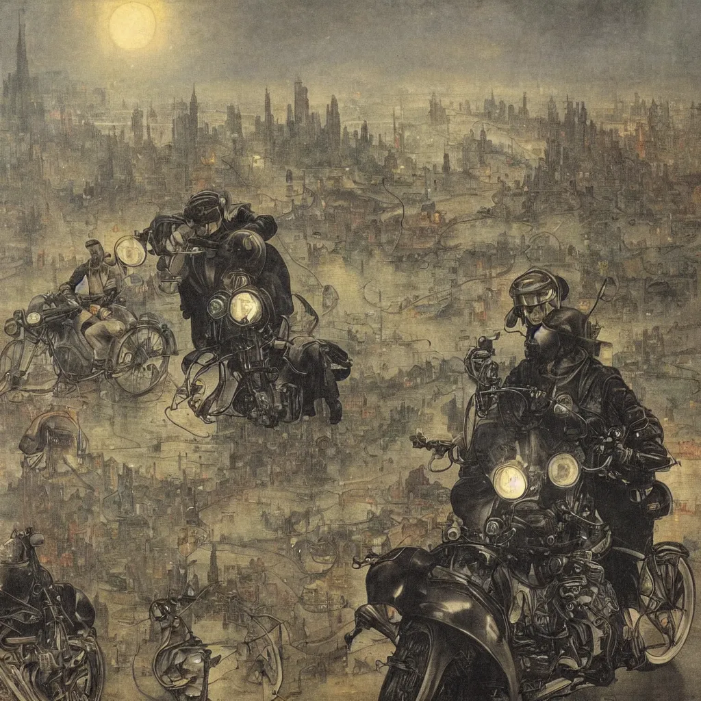 Image similar to a city in the clouds, foggy, one highway leaving the city curving towards viewer with one motorcycle with headlight on man riding motorcycle wearing leather jacket and black helmet, highly detailed, by james jean and hieronymus bosch and alphonse mucha