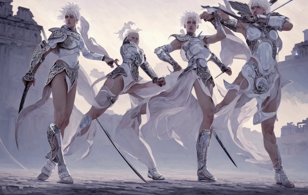 Prompt: dueling, kickboxing, battle stance, wielding sci - fi melee weapons in ruined agora of athens sunrise, white hair knights of zodiac girl matt white ice color armor, intricate and elegant, highly detailed, digital painting, artstation, concept art, illustration, art by tian zi and wlop and alphonse mucha