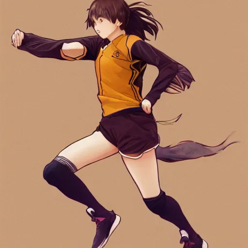 Prompt: a girl is running, sport clothing, haikyuu, anime style, brown short hair, hair down, symmetrical facial features, from arknights, hyper realistic, rule of thirds, extreme detail, detailed 4 k drawing, trending pixiv, realistic lighting, by alphonse mucha, greg rutkowski, backlit