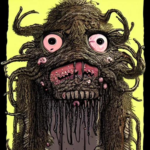 Image similar to a very strange creature made of cronenberg schmutz and drips, mucus, hairy, skin parts, fuzzy disgusting teeth, saliva nasty