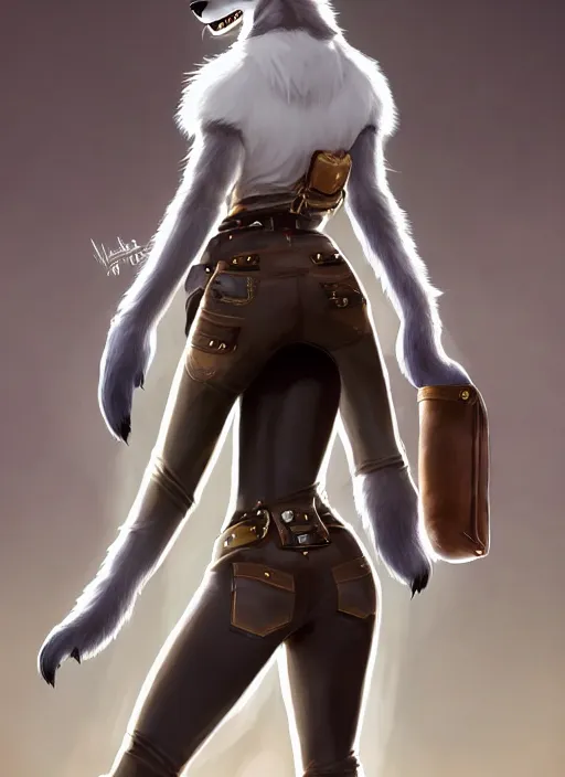 Image similar to wide angle beautiful full body portrait of a strong female anthropomorphic anthro lynx fursona wearing a steampunk leather pants. from behind, character design by disney, anime, manga, charlie bowater, ross tran, artgerm, and makoto shinkai, detailed, soft lighting, rendered in octane, white fur