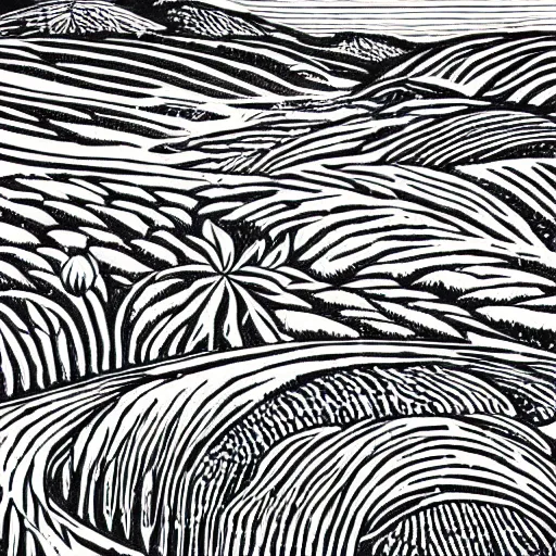 Prompt: intricate, detailed, Linocut Art on paper of fields of wheat and canadian mountains. Epic Latin American Linocut Art.