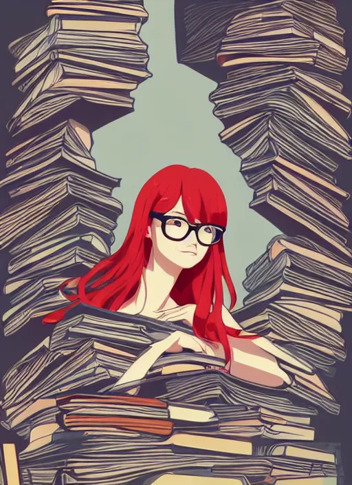 Prompt: a young woman with red hair and glasses sits on top of a tall pile of books. clean cel shaded vector art. shutterstock. behance hd by artgerm, helen huang, by makoto shinkai and lois van baarle, ilya kuvshinov, rossdraws, illustration, art by ilya kuvshinov