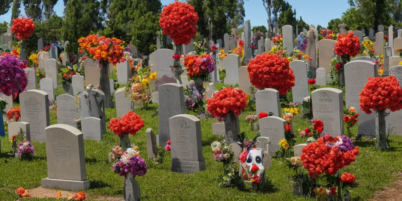 Prompt: pixar surreal caricatures in a western coral theme, cemetery