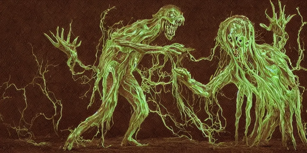 Image similar to Horror style, translucent monster made of flesh and nerves playing drums and oozing slime