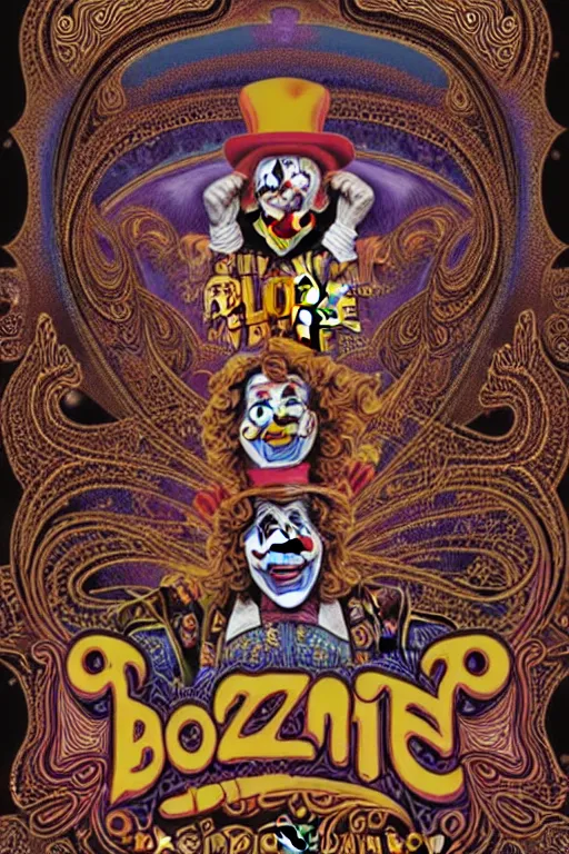 Image similar to Flowing lettering that says The Bozone, Fillmore concert poster for The Bozone by Robert Crumb, by Victor Moscoso, by Laurie Lipton, black light velvet poster, intricate paisley filigree, Bozo the clown. Clown motif, Shiny bulbous red clown nose at the center of an infinite fractal mandala tunnel of clowns, Unreal Engine, Cryengine, Artstation