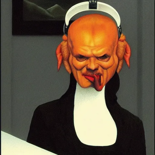 Image similar to a Evil-Satan-Demon listening to Headphones by Raphael, Hopper, and Rene Magritte. detailed, romantic, enchanting, trending on artstation.