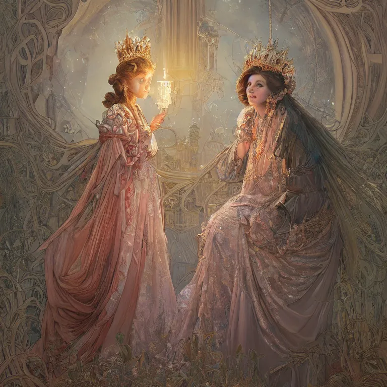 Image similar to a beautiful painting of a crowned princess in an ornate gown resembling millie bobby brown watching the lantern festival in ancient london, at night with a sky full of stars, intricate, elegant, highly detailed, digital painting, artstation, concept art, by krenz cushart and artem demura and alphonse mucha