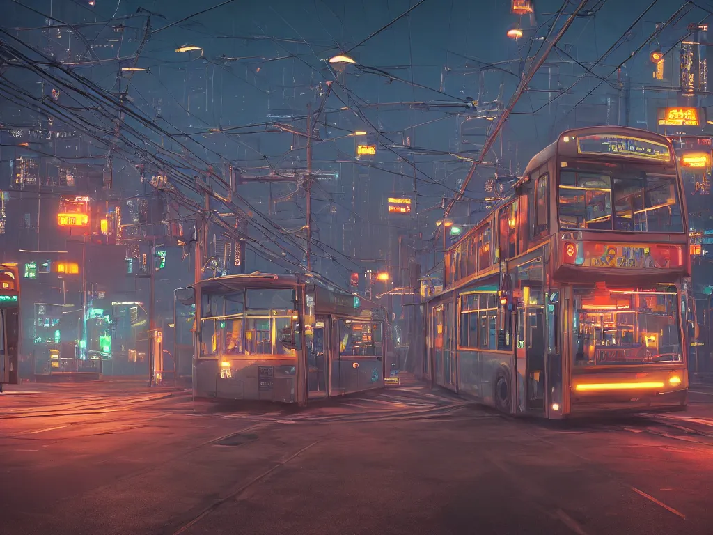 Image similar to trolleybus stands at a stop, headlights shine with neon light, atmospheric, futuristic, cyberpunk, ray tracing global illumination, 8 k resolution, ultra detailed