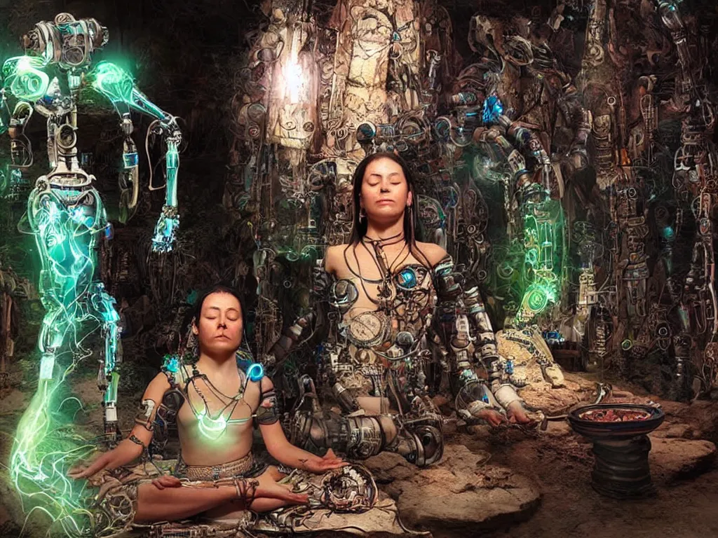 Image similar to an ancient mystical female shaman meditating in a cybernetic robot temple