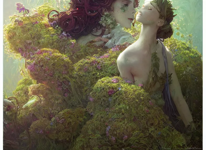 Prompt: a woman and a man made of moss and flowers, beautiful high quality realistic fantasy art, trending on artstation by artgerm and greg rutkowski and alphonse mucha