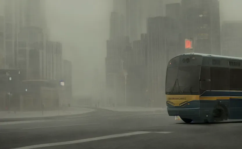 Image similar to exterior traveling greyhound bus circa 2 0 1 5, directed by charlie kaufman ( 2 0 0 1 ) anamorphic lenses, foggy volumetric light morning, cinematic trending on artstation in the style of greg rutkowski