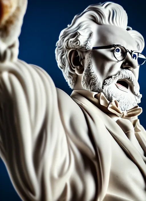 Image similar to colonel sanders as marble statue by michaelangelo, high lights, 4 k, high detailed photography, 5 0 mm lens, depth of field, cinematic