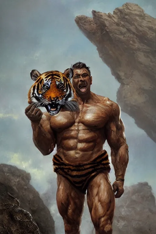 Image similar to a humanoid muscular man with a tiger mask stands on a rock by greg rutkowski, magic realism, hyper realistic, 2 0 0 mm lens