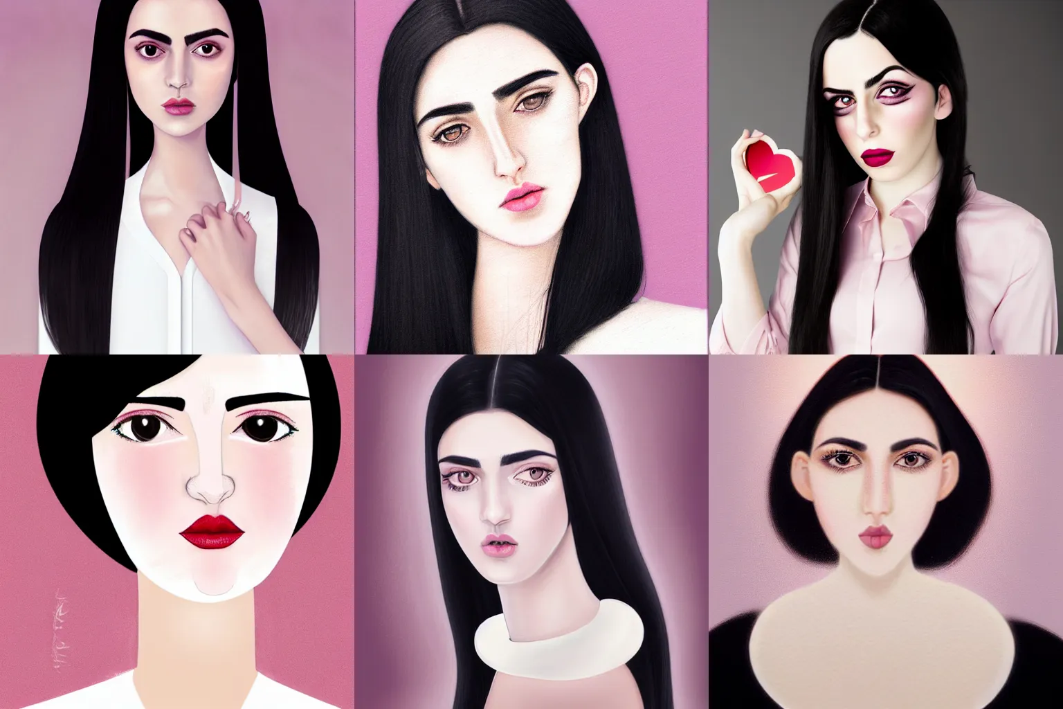 Prompt: portrait of a beautiful elgant young turkish adult with a heart shaped face, pale ivory skin, downturned hazel eyes, button nose, thin light pink lips, natural straight black eyebrows, long thin black hair, halter neck shirt, ethereal, magical background, intricate facial features, hyper realistic face, in the style of greg rutkowsky