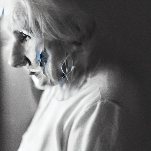 Image similar to black and white photograph portrait of a depressed beautiful old woman standing by the window, natural light, lomo, fashion photography, film grain, soft vignette, sigma 85mm f/1.4 1/10 sec shutter