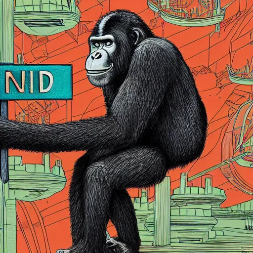 Image similar to an ape holding a sign that says the end is near, an ultrafine detailed illustration by james jean, intricate linework, bright colors, final fantasy, behance contest winner, vanitas, angular, altermodern, unreal engine 5 highly rendered, global illumination, radiant light, detailed and intricate environment